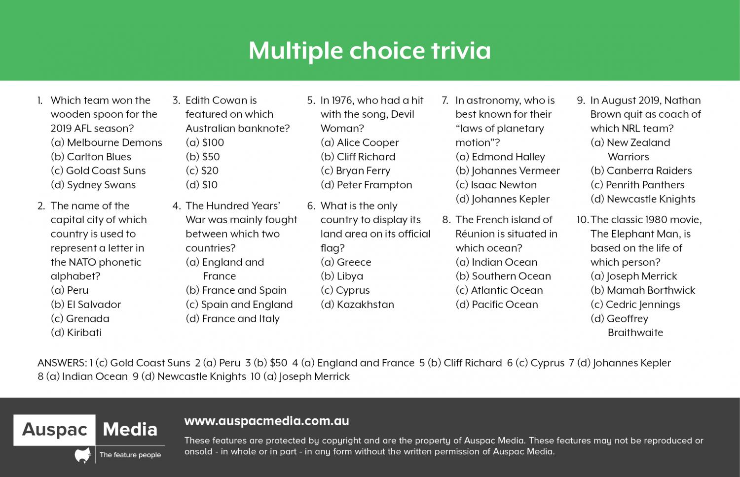 Trivia Questions with Multiple Choice Answers