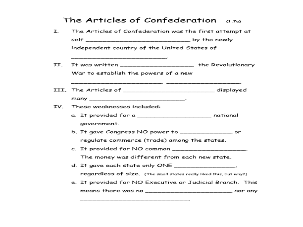 Worksheets on the Articles of Confederation